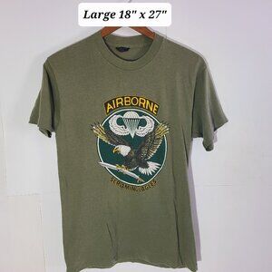 Vtg 80s Airborne Screaming Eagles Military OD Green Large T-Shirt Single Stitch